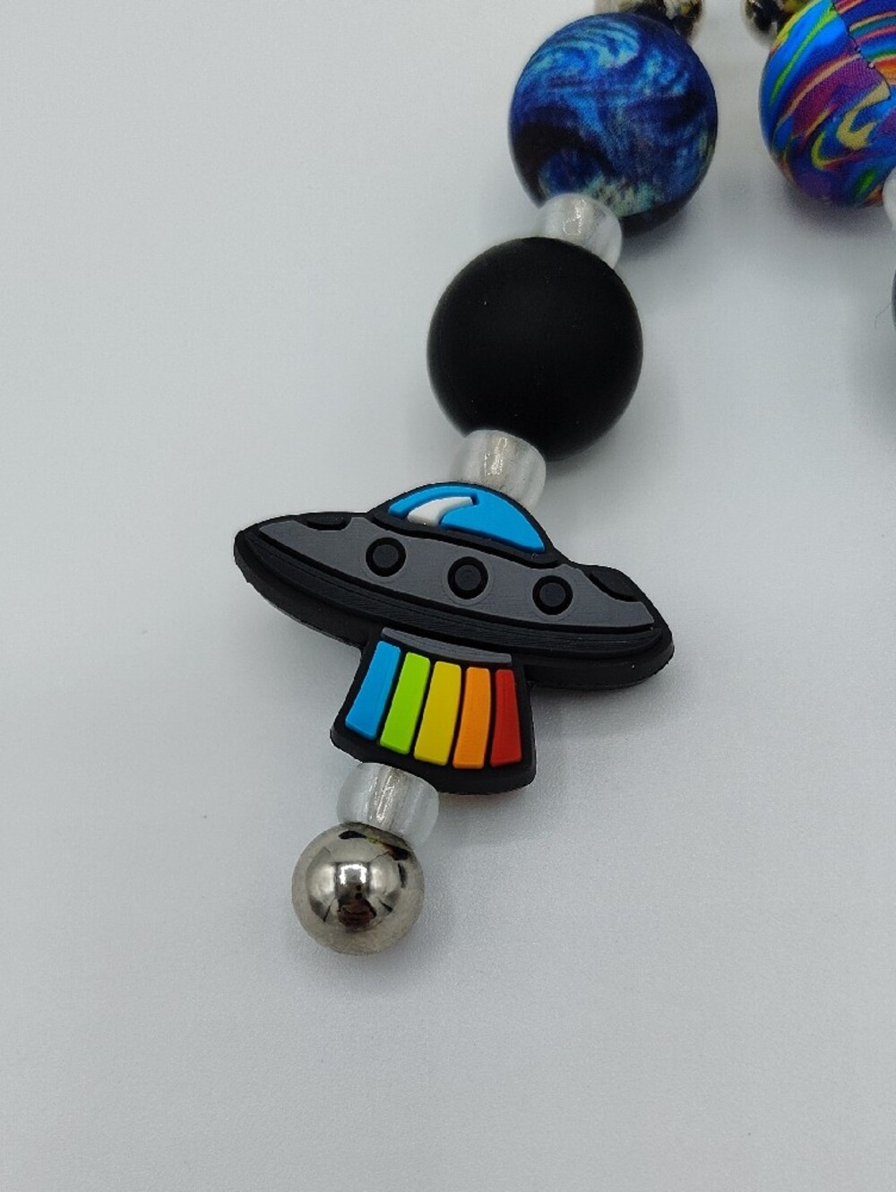 Handcrafted Alien UFO Rainbow Keychain/Bag Charm - Black & Multicolor - Picture 3 of 4